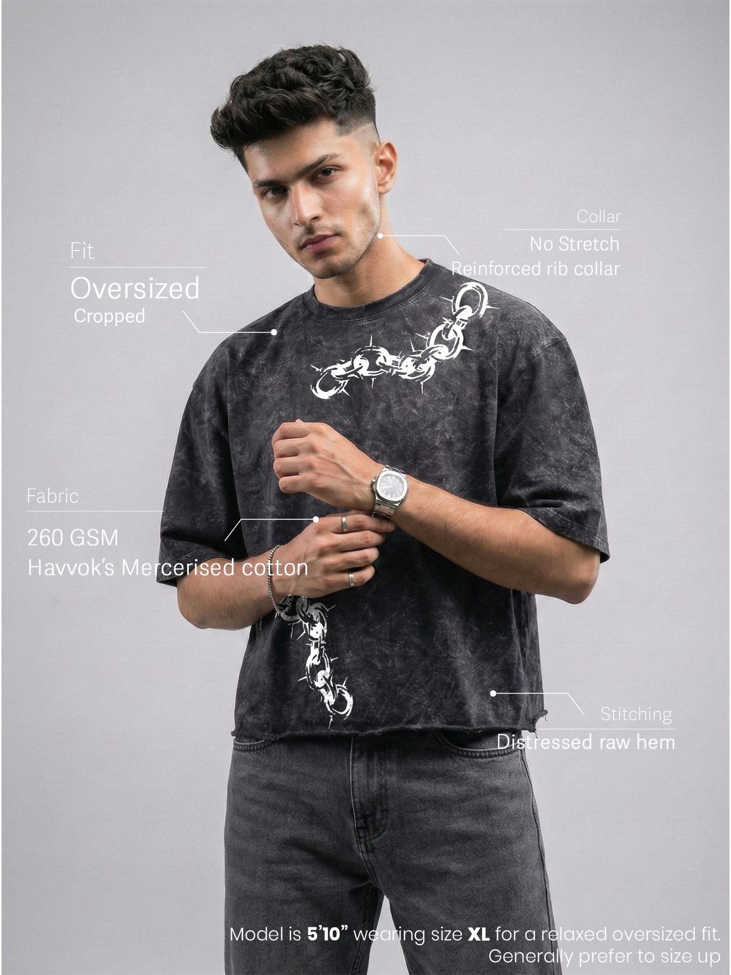 Barbed Black Acid Wash Unisex Cropped Boxy-Fit Tshirt