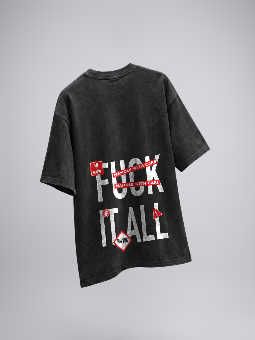 Fragile Fury Unisex Black Acid Wash Oversized Tshirt