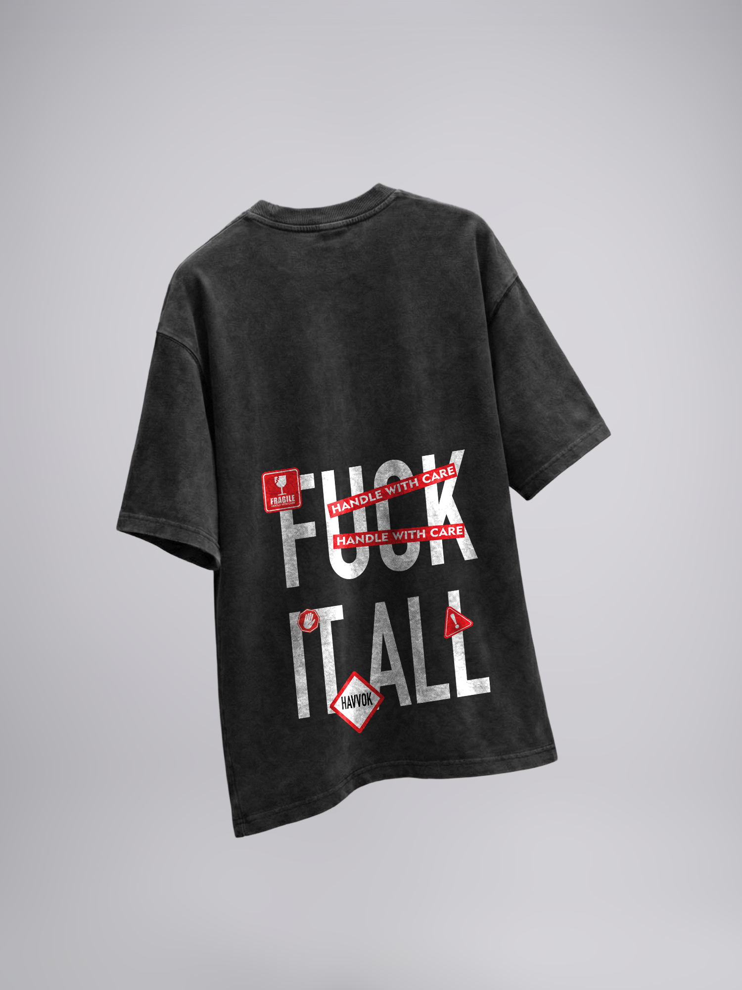 Fragile Fury Unisex Black Acid Wash Oversized Tshirt