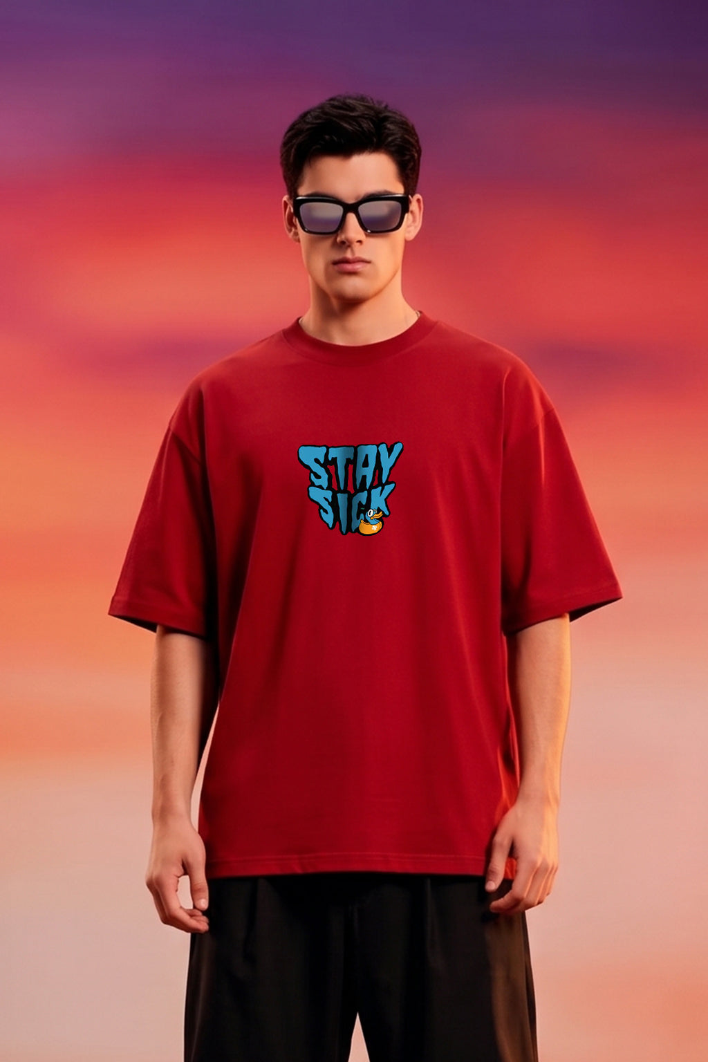 Stay Sick Red Oversized Puff Printed Exclusive T-shirt